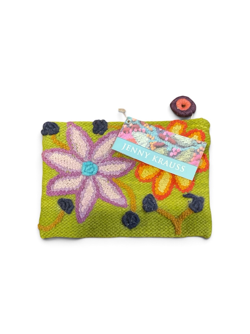 Jenny Krauss Green Floral Hand-Embroidered Pouch NWT